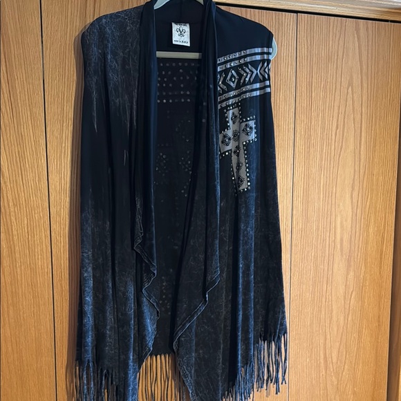 Women's Black and Gray long vest with Fringe - Picture 1 of 4
